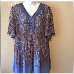 Catherine’s Blue Crinkle Studded V Neck with Flutter Sleeves 1X 18/20